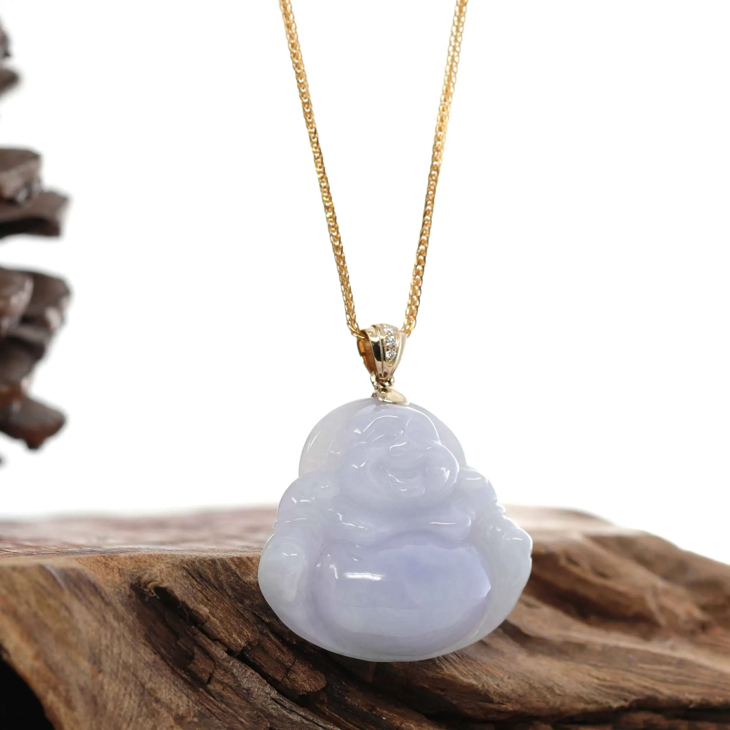 Baikalla "Laughing Buddha" 14k Yellow Gold Genuine Lavender Jadeite Jade with VS1 Diamonds Bail