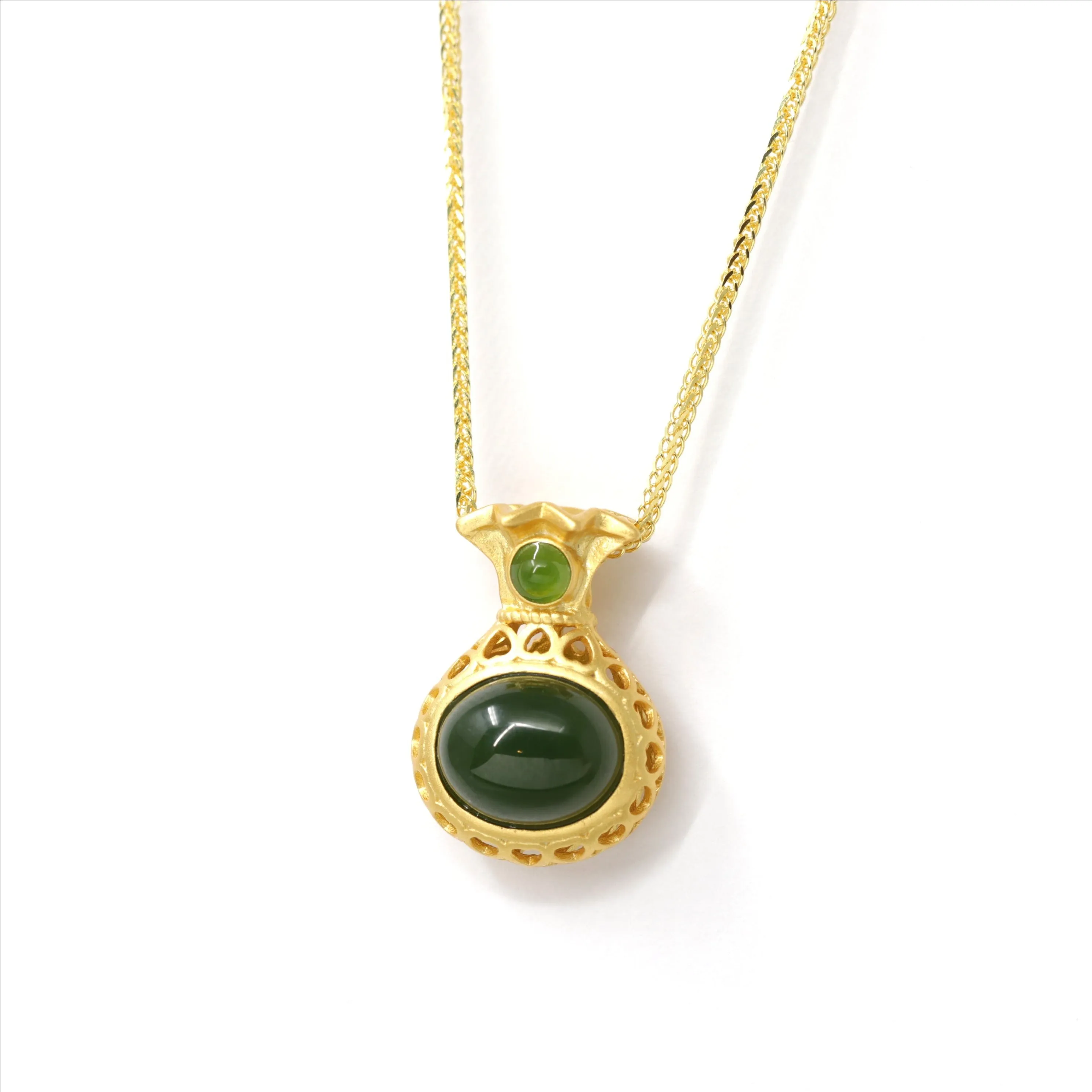 Baikalla? "Lucky Money Bag" Necklace Gold Plated Sterling Silver Natural Nephrite Jade Necklace