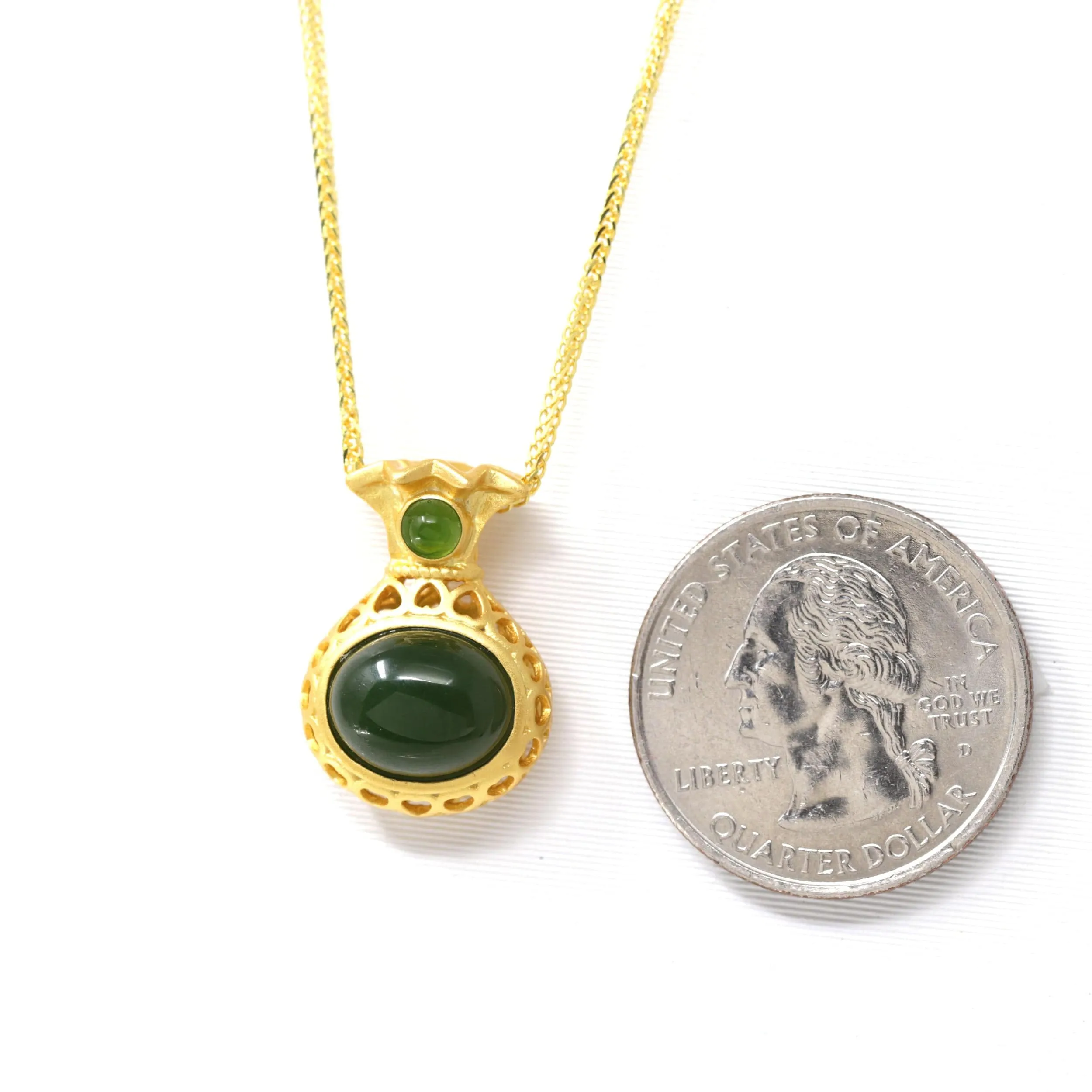 Baikalla? "Lucky Money Bag" Necklace Gold Plated Sterling Silver Natural Nephrite Jade Necklace