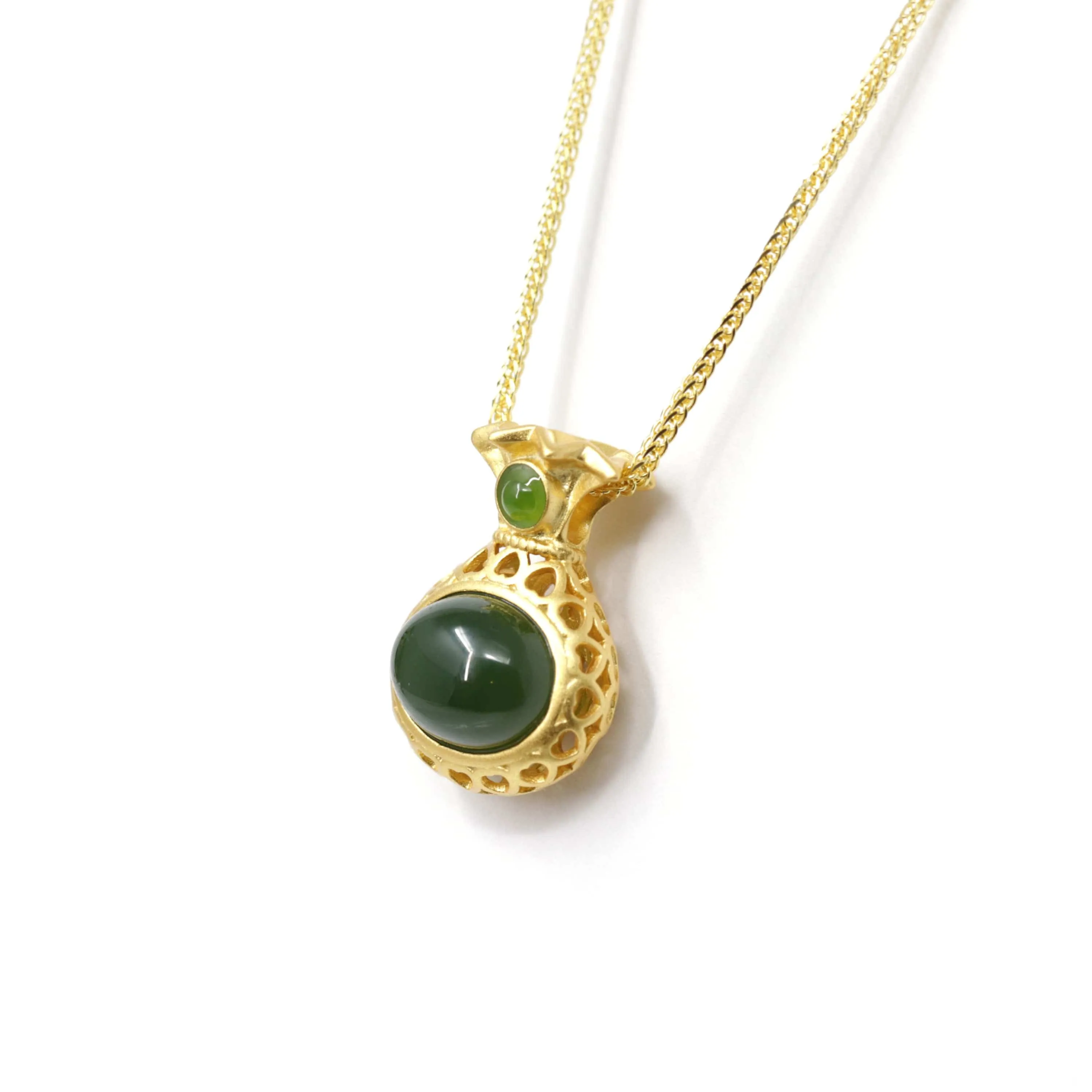 Baikalla? "Lucky Money Bag" Necklace Gold Plated Sterling Silver Natural Nephrite Jade Necklace