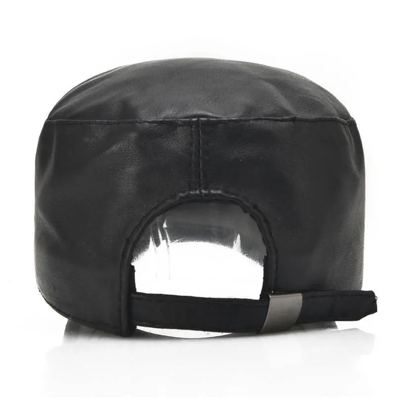 Black Genuine Sheepskin Leather Military Hat with Zipper Design