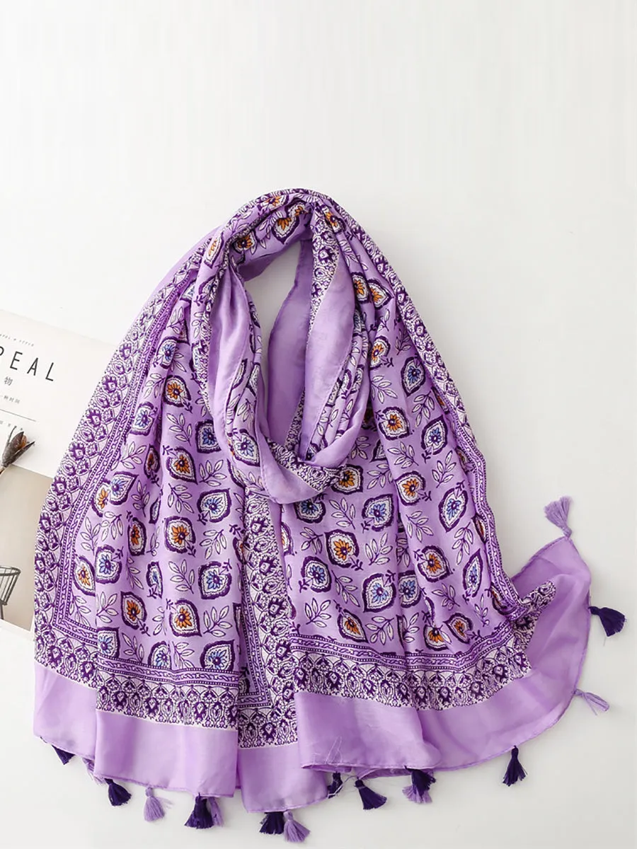 Bohemian Leaf Print Tassel Travel Shawl Scarf CV1021