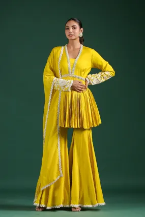 Bright Yellow Embroidered Mulberry Silk Sharara Set