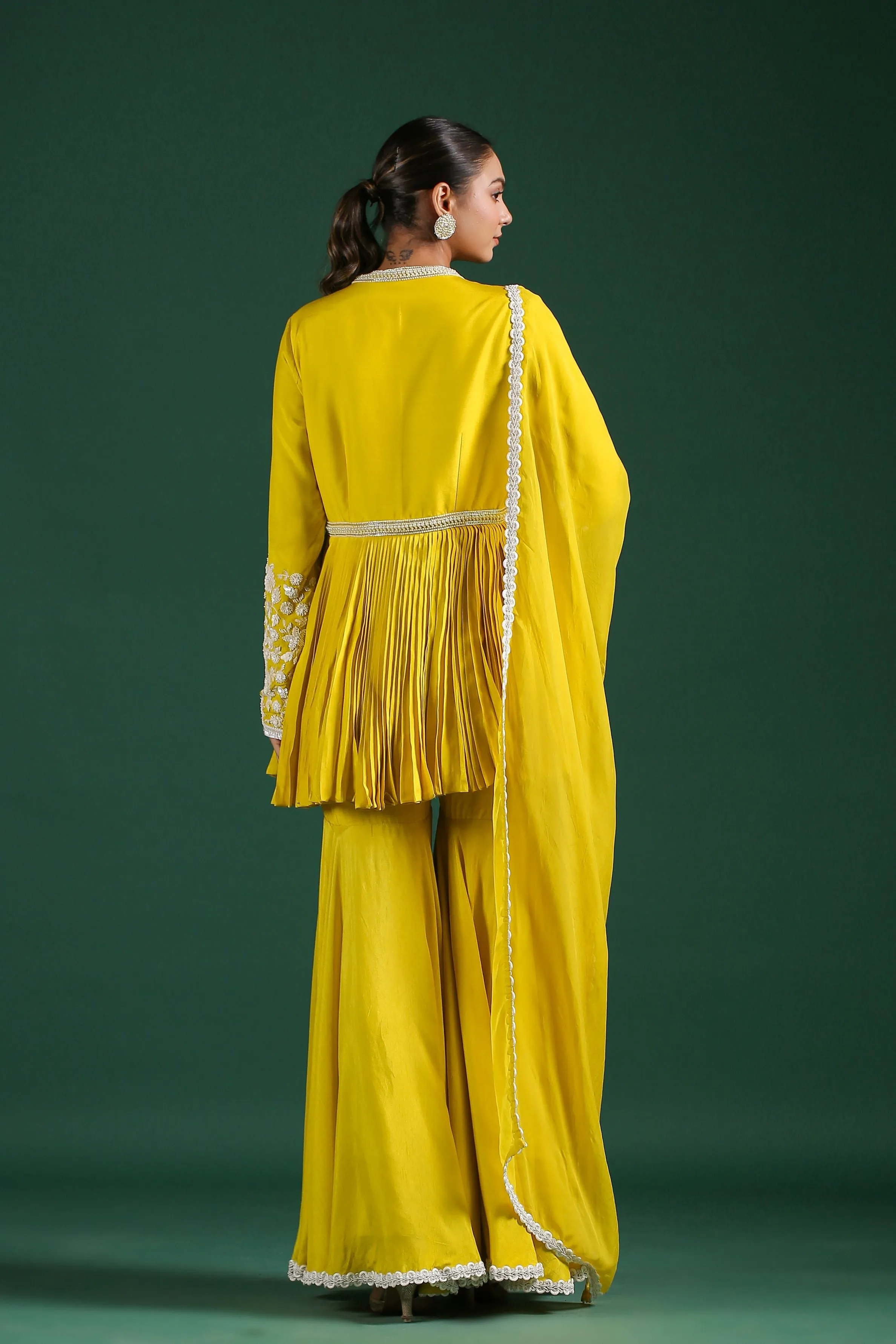 Bright Yellow Embroidered Mulberry Silk Sharara Set