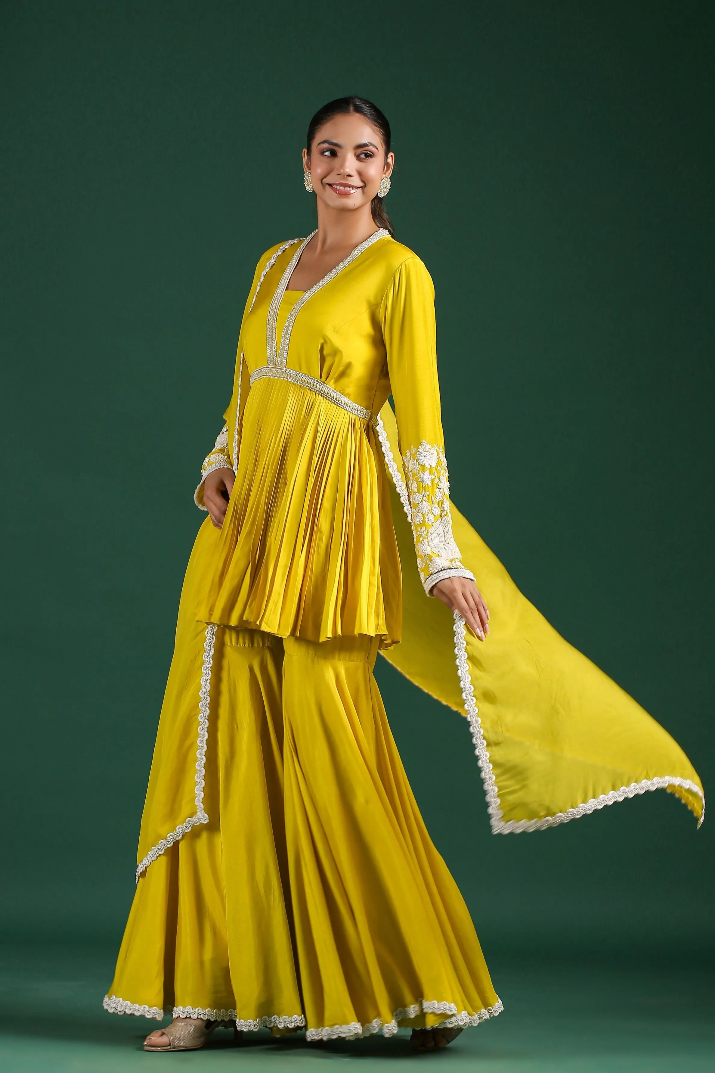 Bright Yellow Embroidered Mulberry Silk Sharara Set