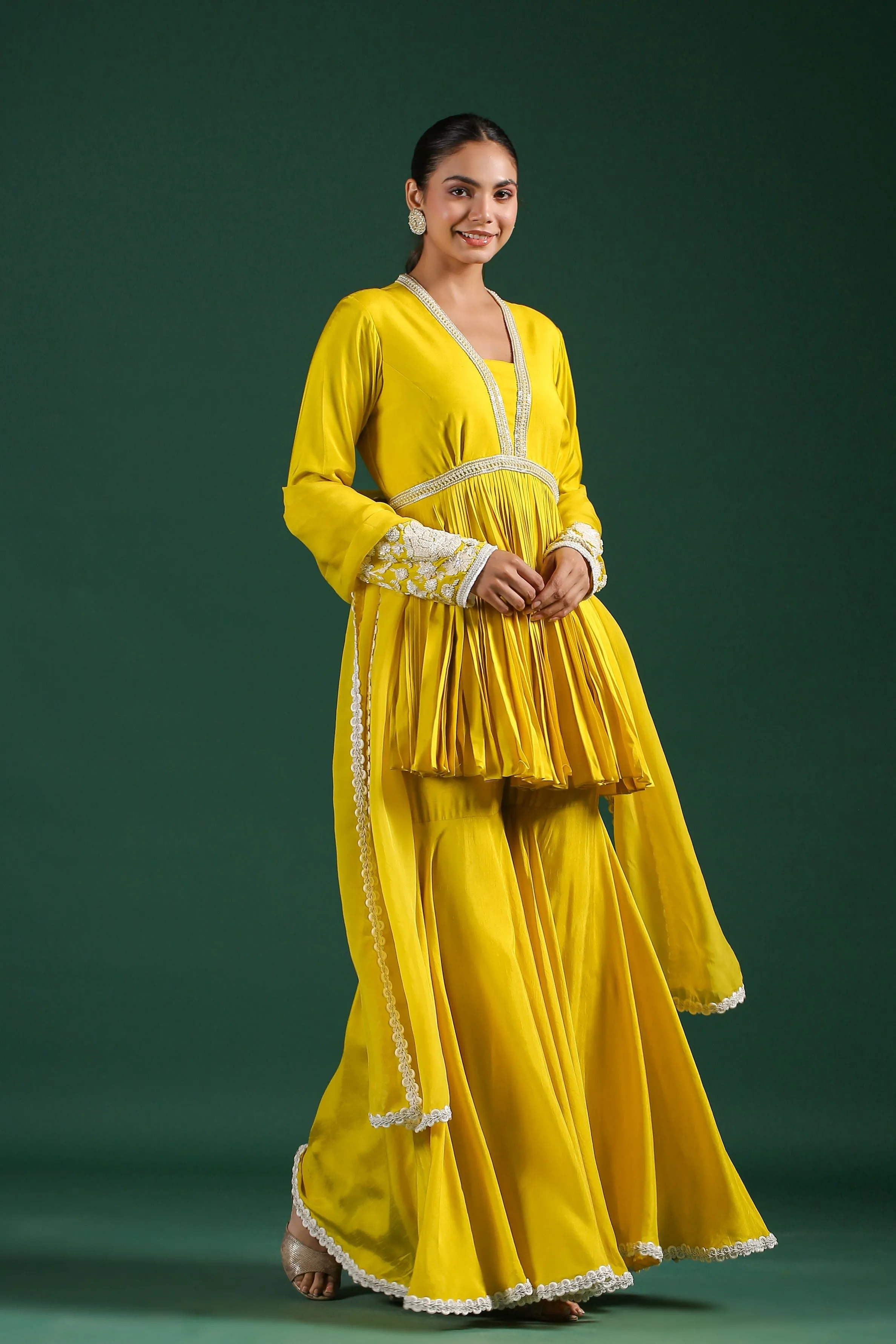 Bright Yellow Embroidered Mulberry Silk Sharara Set