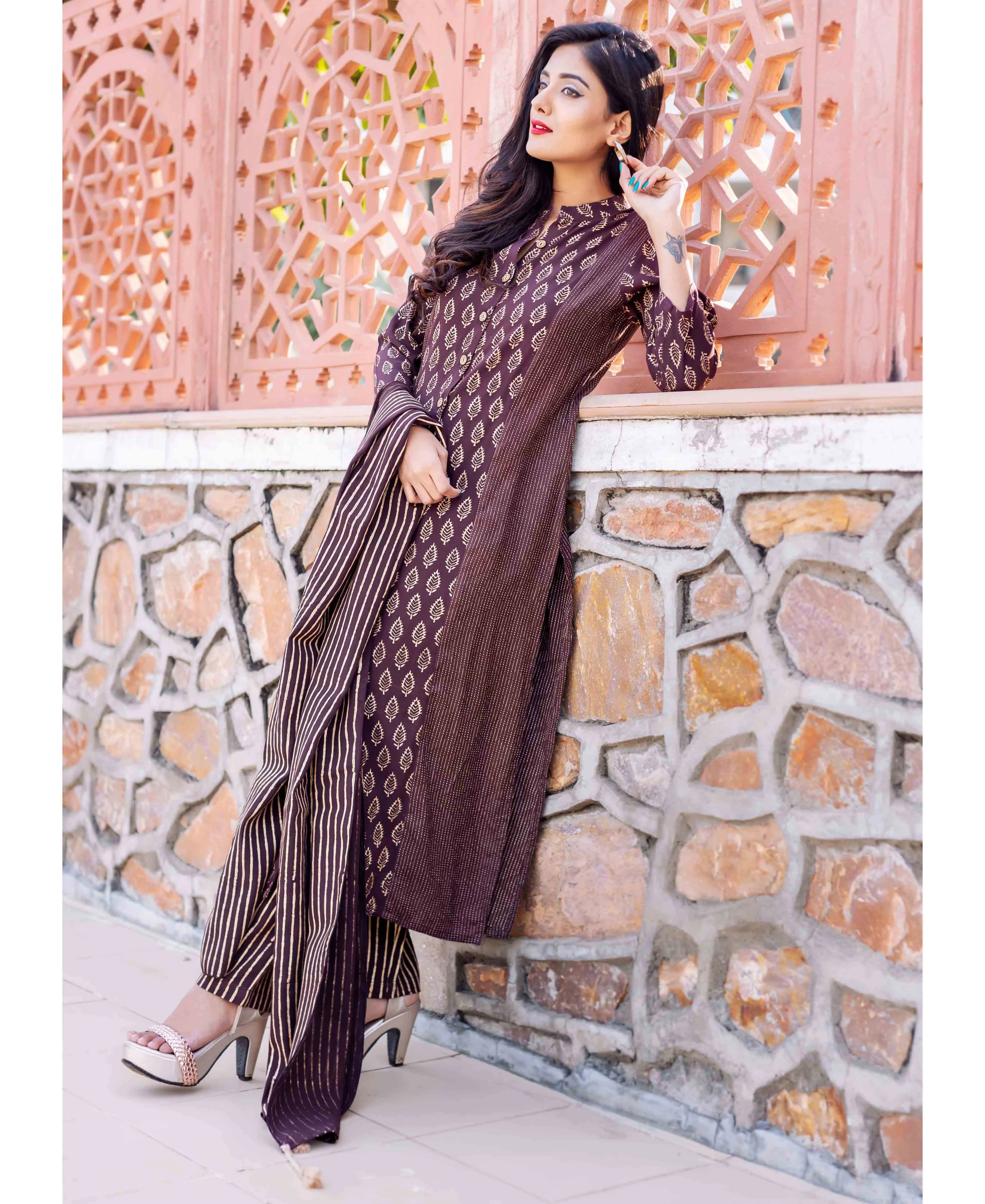 Brown Kantha Kurta with Golden Print