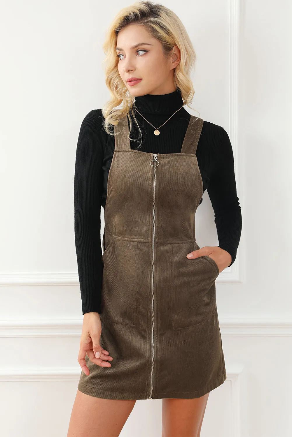 Brown O-ring Zip Up  Pocketed Corduroy Dress