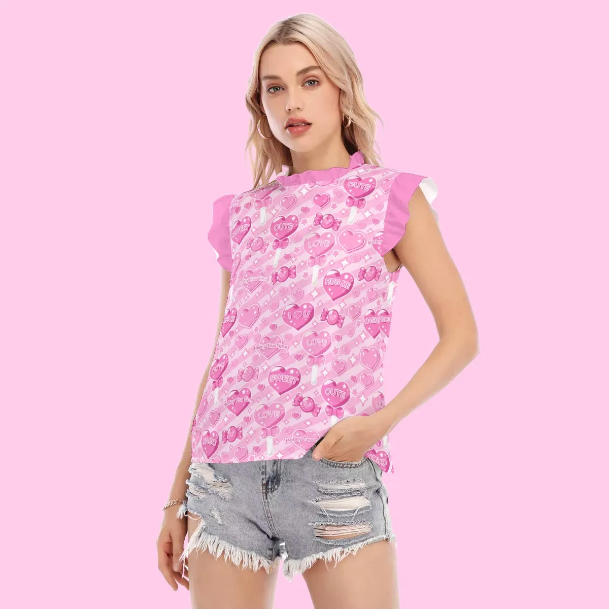 Candy Love Hearts (Pink Cutie) Women's Ruffle Blouse