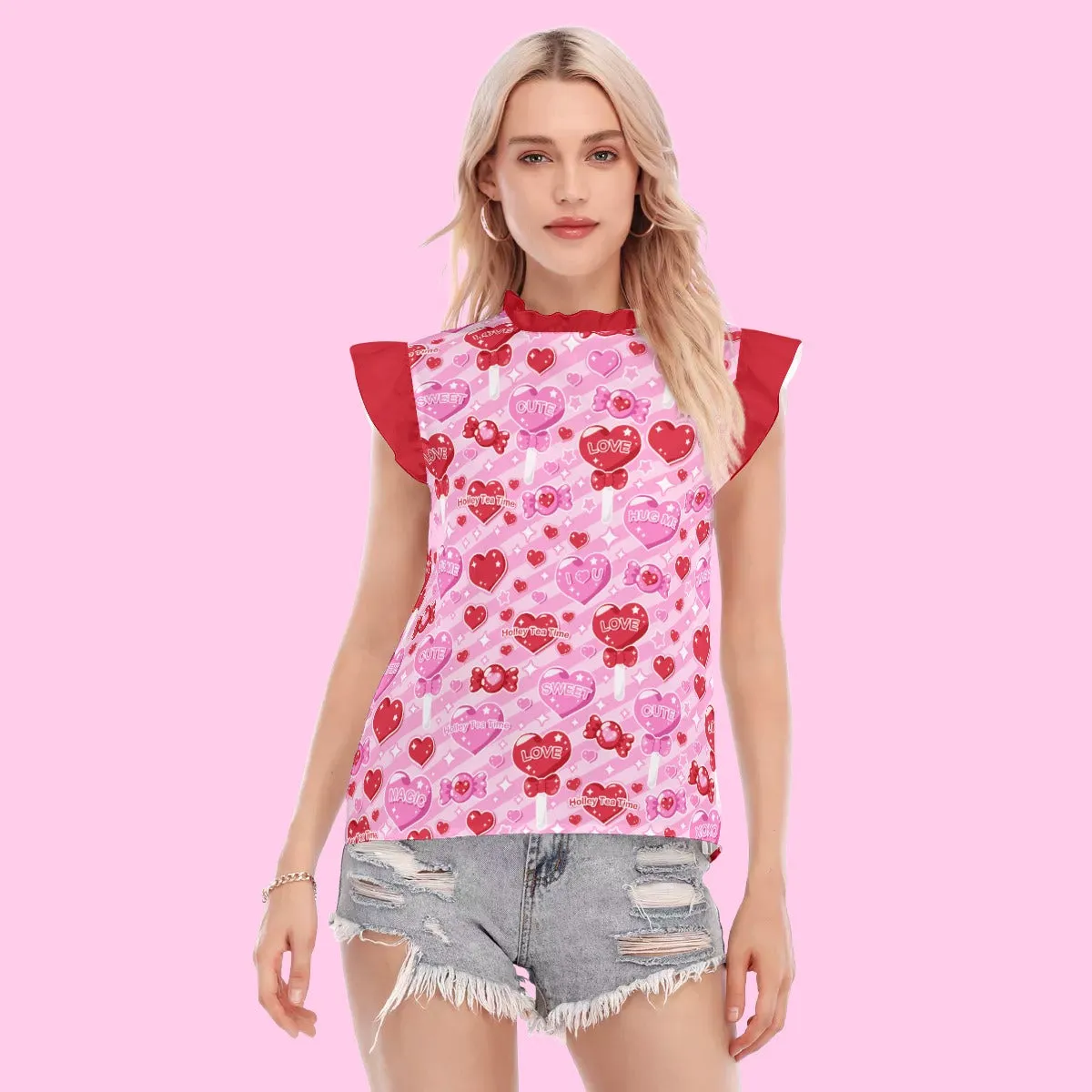 Candy Love Hearts (Red Cutie) Women's Ruffle Blouse