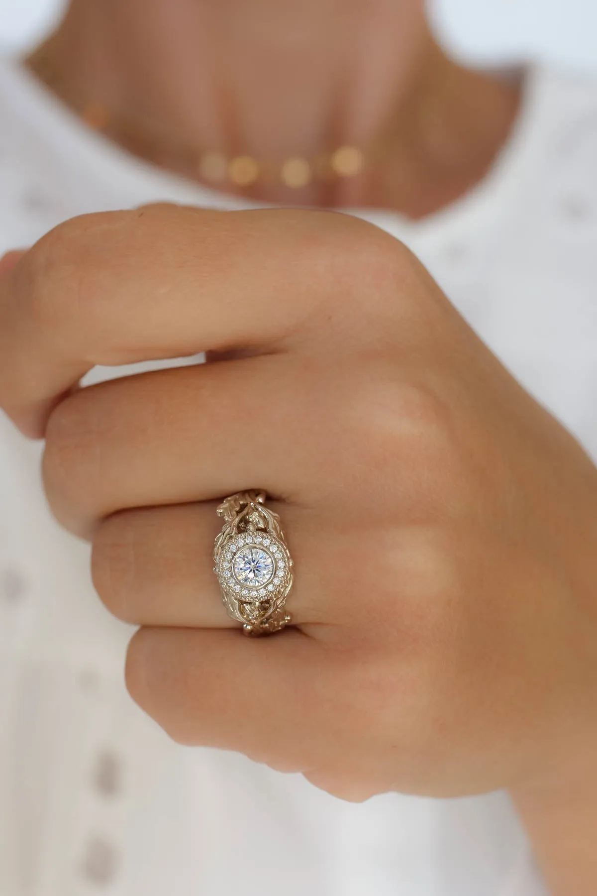 Celtic engagement ring, oak and acorn ring with diamonds / Dair