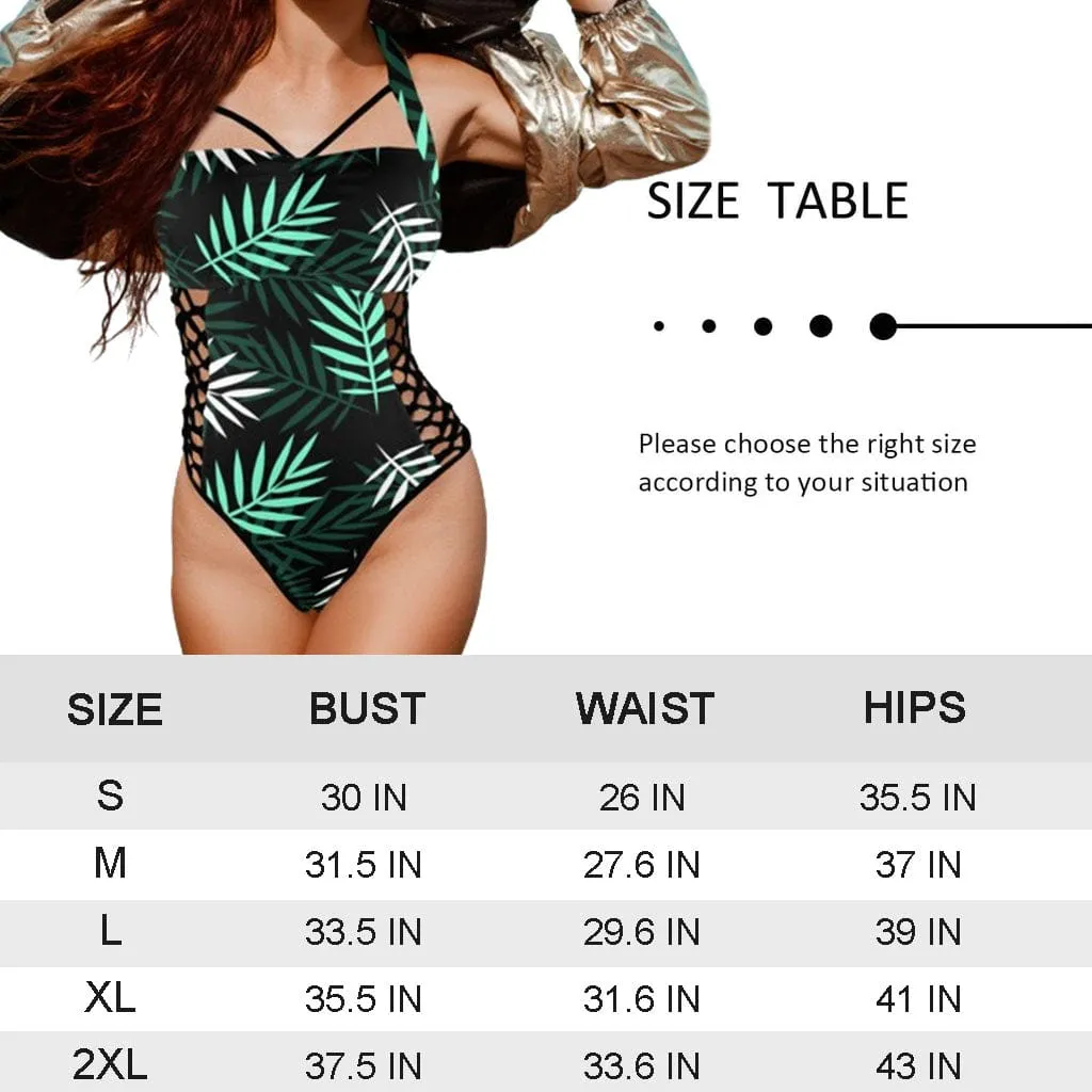 Custom Face Leopard Women's Sexy One Pieces Swimsuit Lace Up Side Halter Back Tie Swimsuit Face Bathing Suit