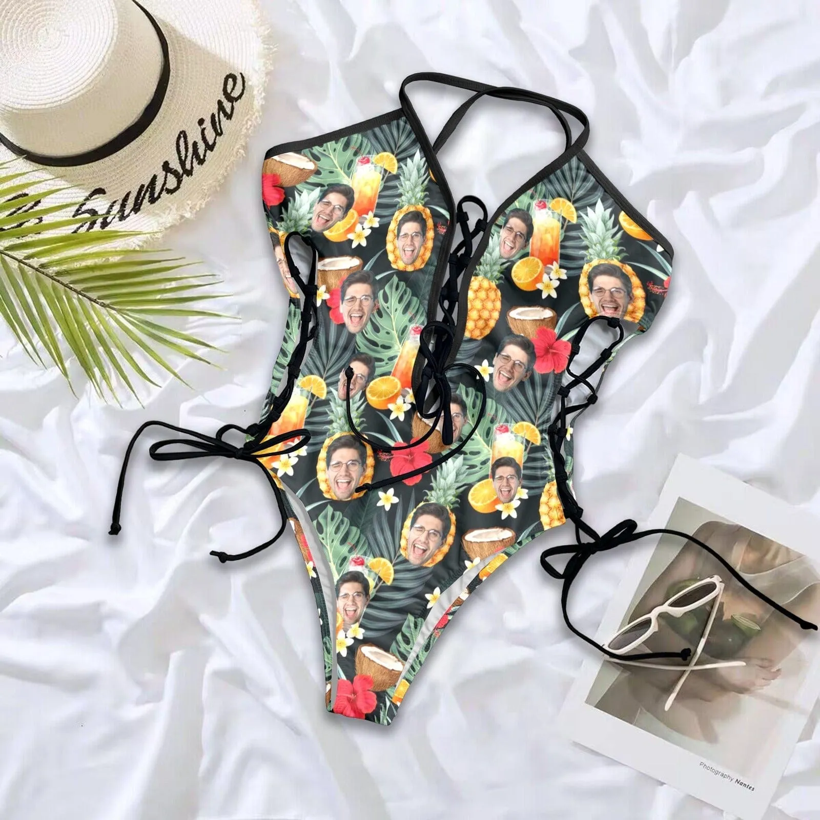 Custom Face Pineapple Green Leaves Women's Chest&Sides Ties Tummy Control Lace Up One Piece Swimsuit Face Bathing Suit