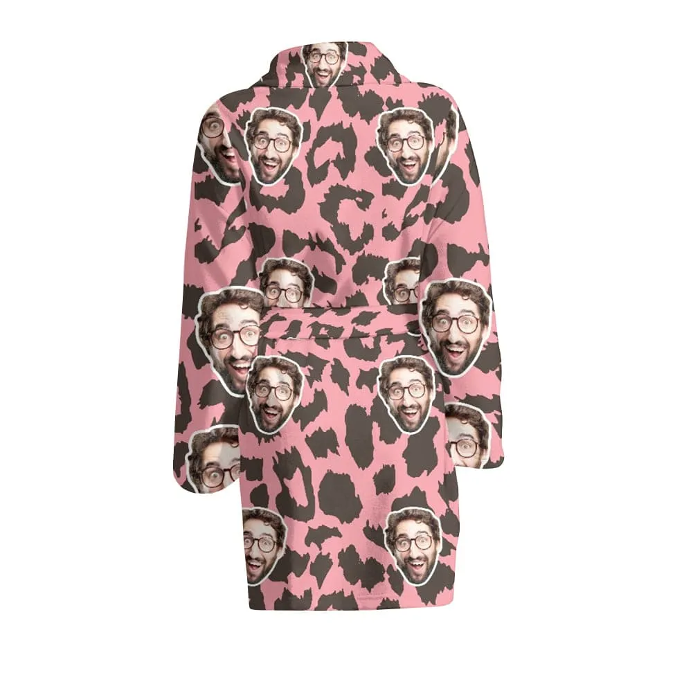 Custom Face Pink Leopard Print Women's Summer Bathrobe Gifts for Her