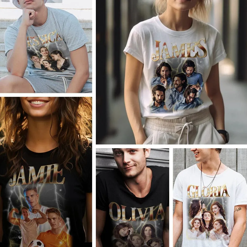 Custom Photo Vintage Tee Personalized Name Grey T-shirt Couple Gifts