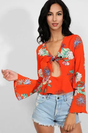 Deep Coral Floral Print Peek-a-Boo Flute Sleeves Blouse