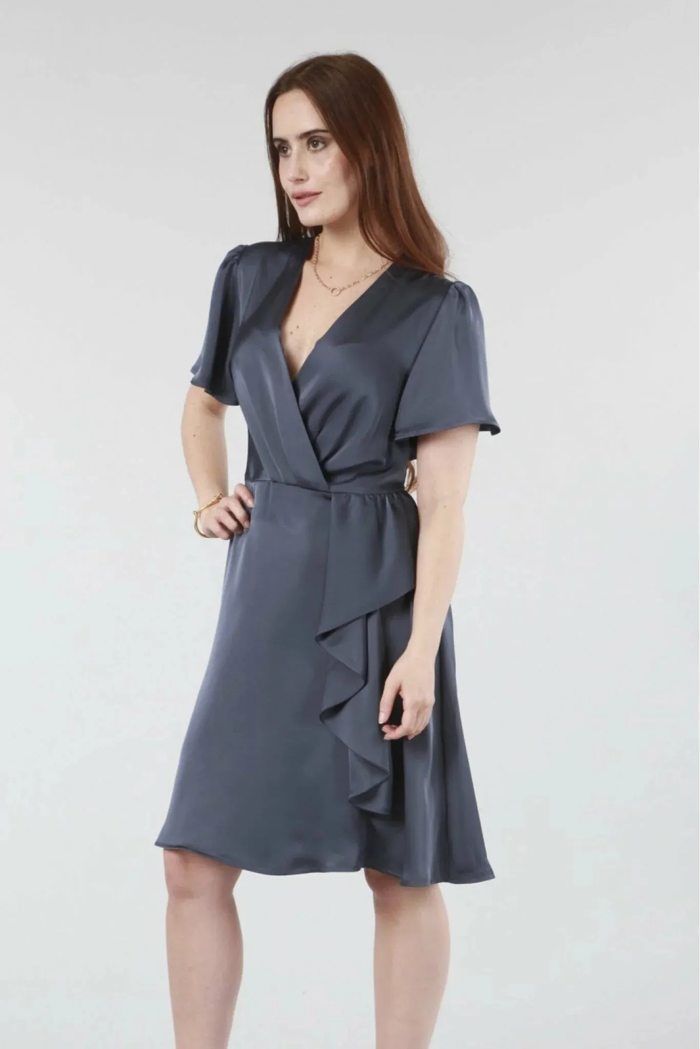 Double Second Dark Grey Wrap Frill Front Satin Dress