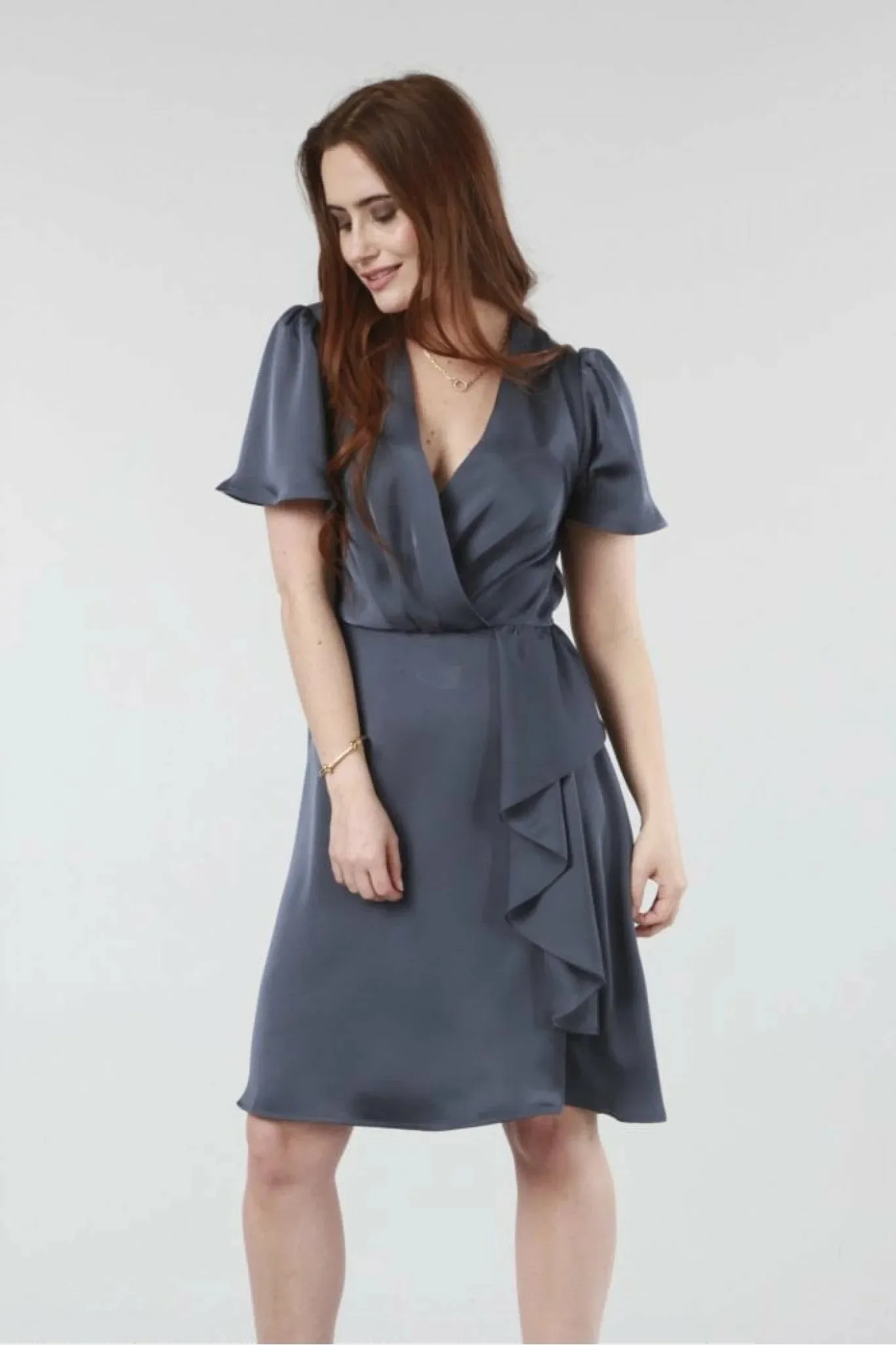 Double Second Dark Grey Wrap Frill Front Satin Dress