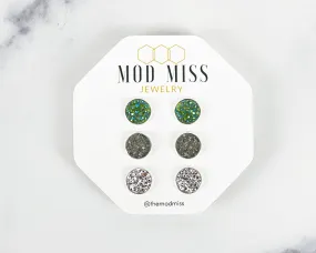 Druzy Stud Earring Set of 3 Olive Green, Gray & Silver in Silver Setting