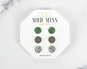 Druzy Stud Earring Set of 3 "Olive Green Gray & Silver''