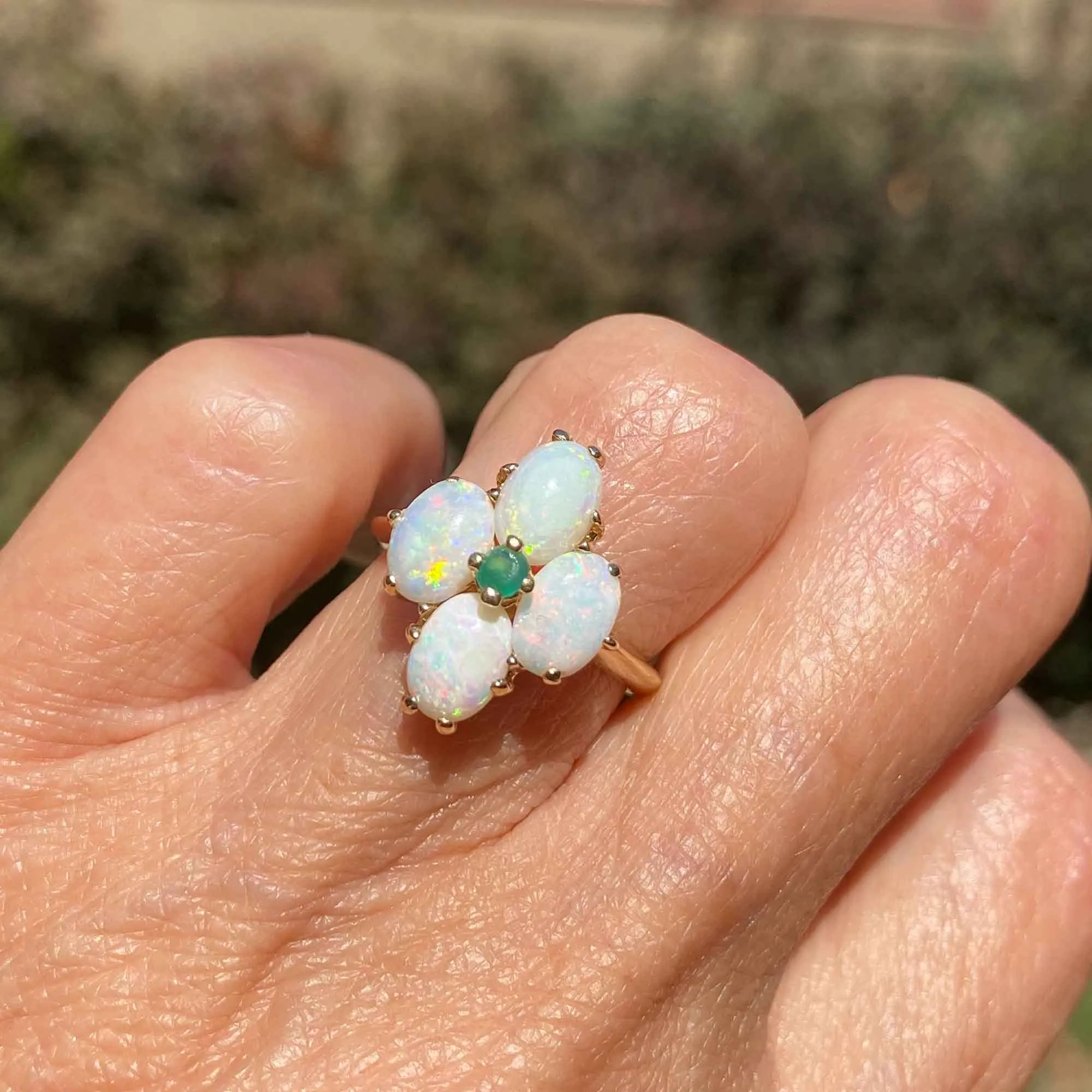 Edwardian 14K Gold Opal Emerald Four Stone Ring