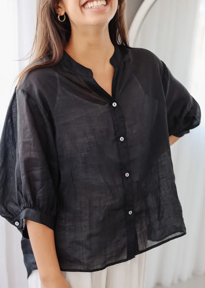 Elena Black Linen Blouse