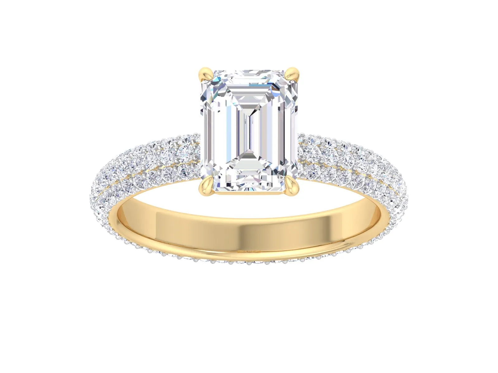 Elongated Emerald Cut Moissanite Engagement Ring, Pave Band