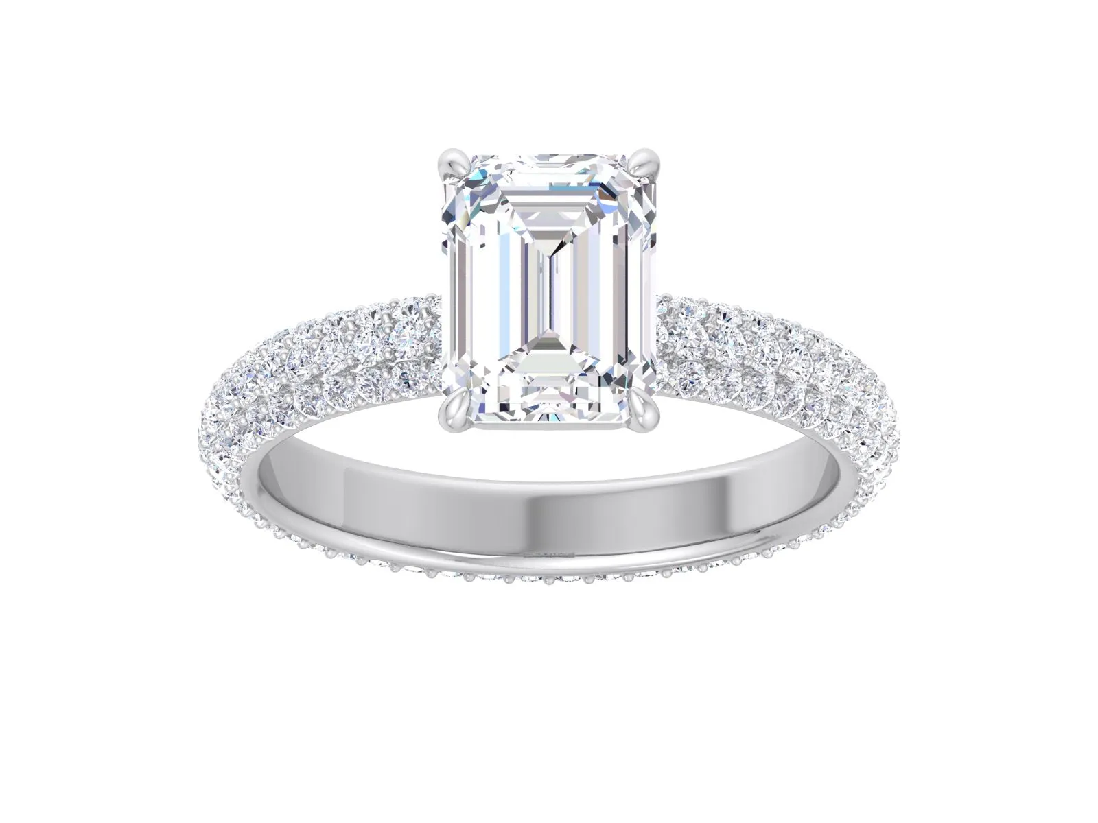 Elongated Emerald Cut Moissanite Engagement Ring, Pave Band