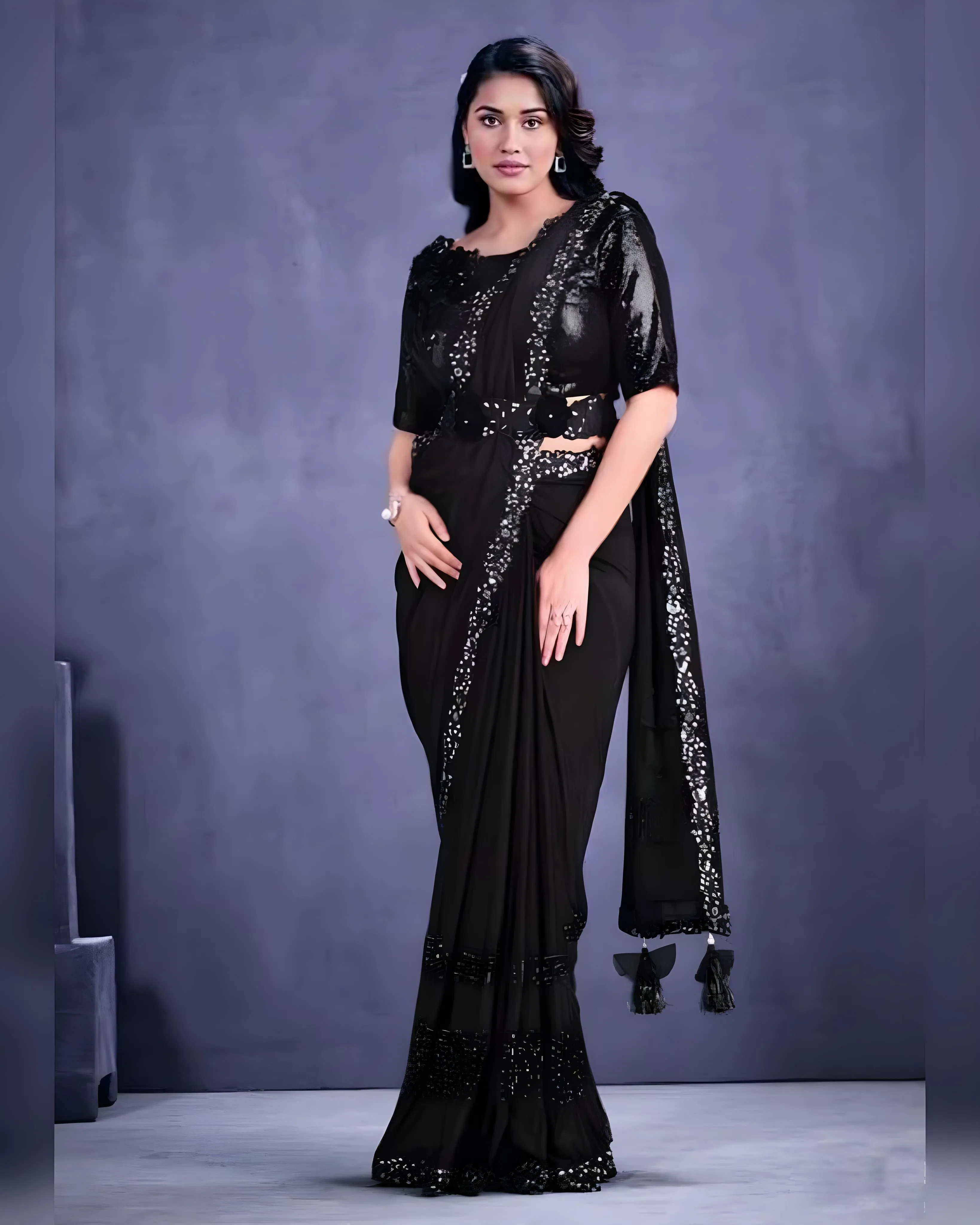 Embroidered Crepe Lycra  Ready to Wear Saree Black