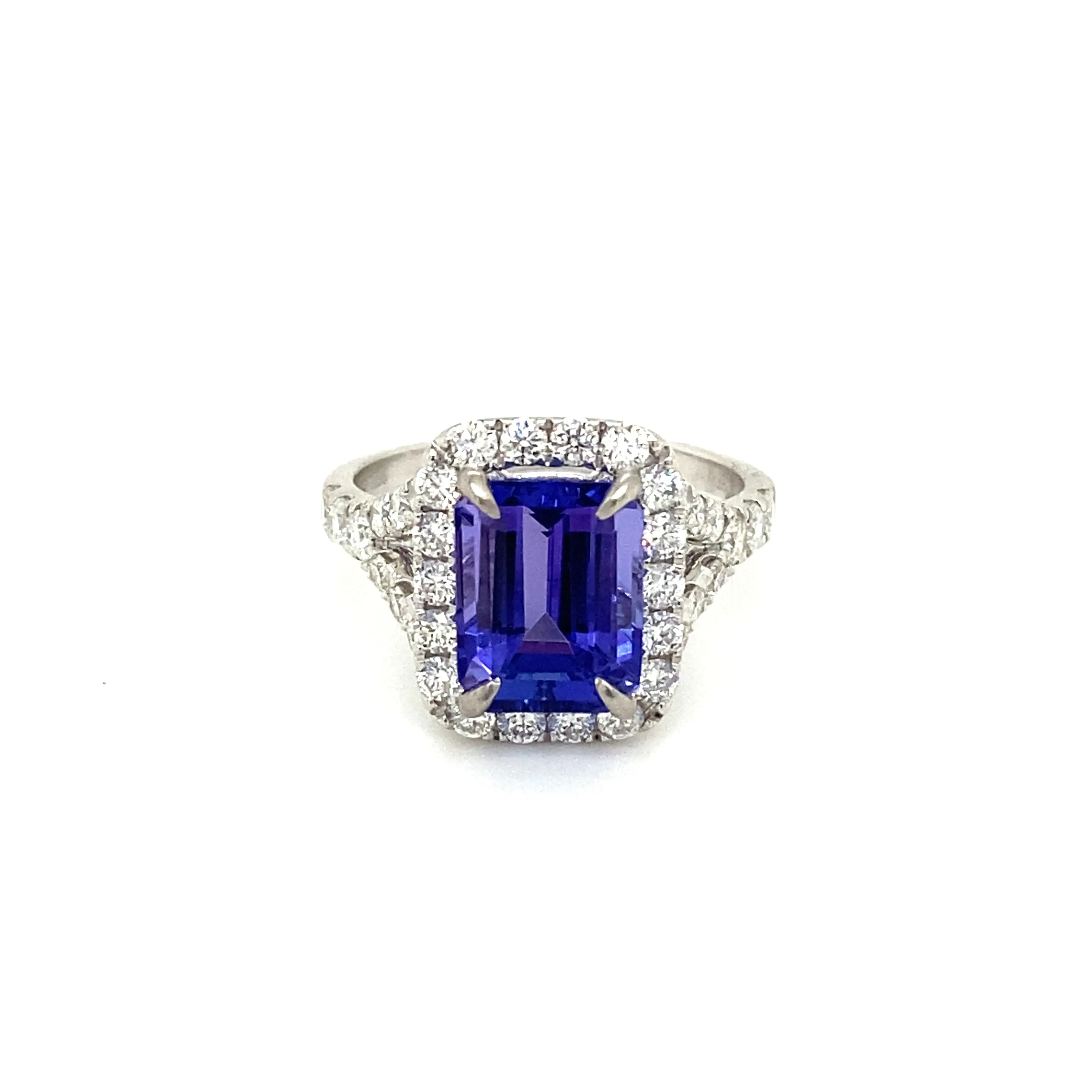 Emerald Cut Tanzanite & Diamond Halo Ring