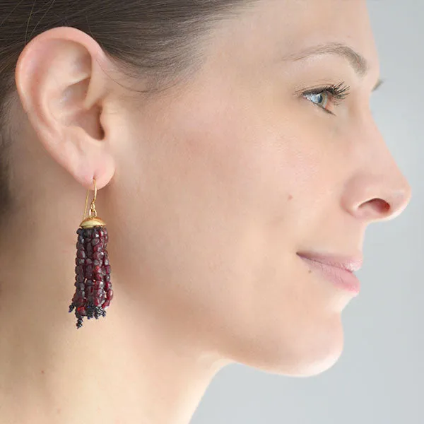 Estate 18kt Beaded Garnet Tassel Earrings