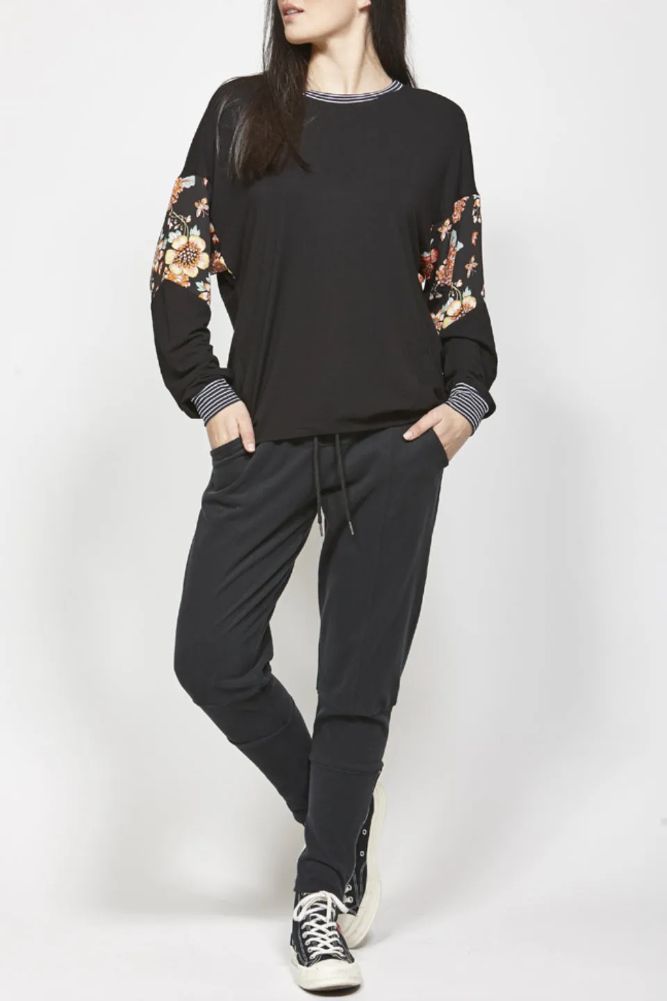 Flower Kahuna Black Floral Sleeve LS Tee