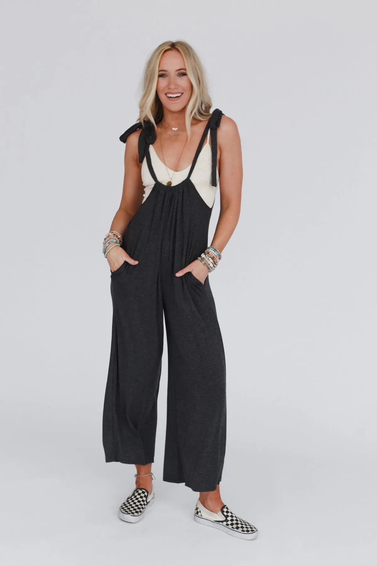 Forever Relaxed Gathered Jumpsuit - Charcoal