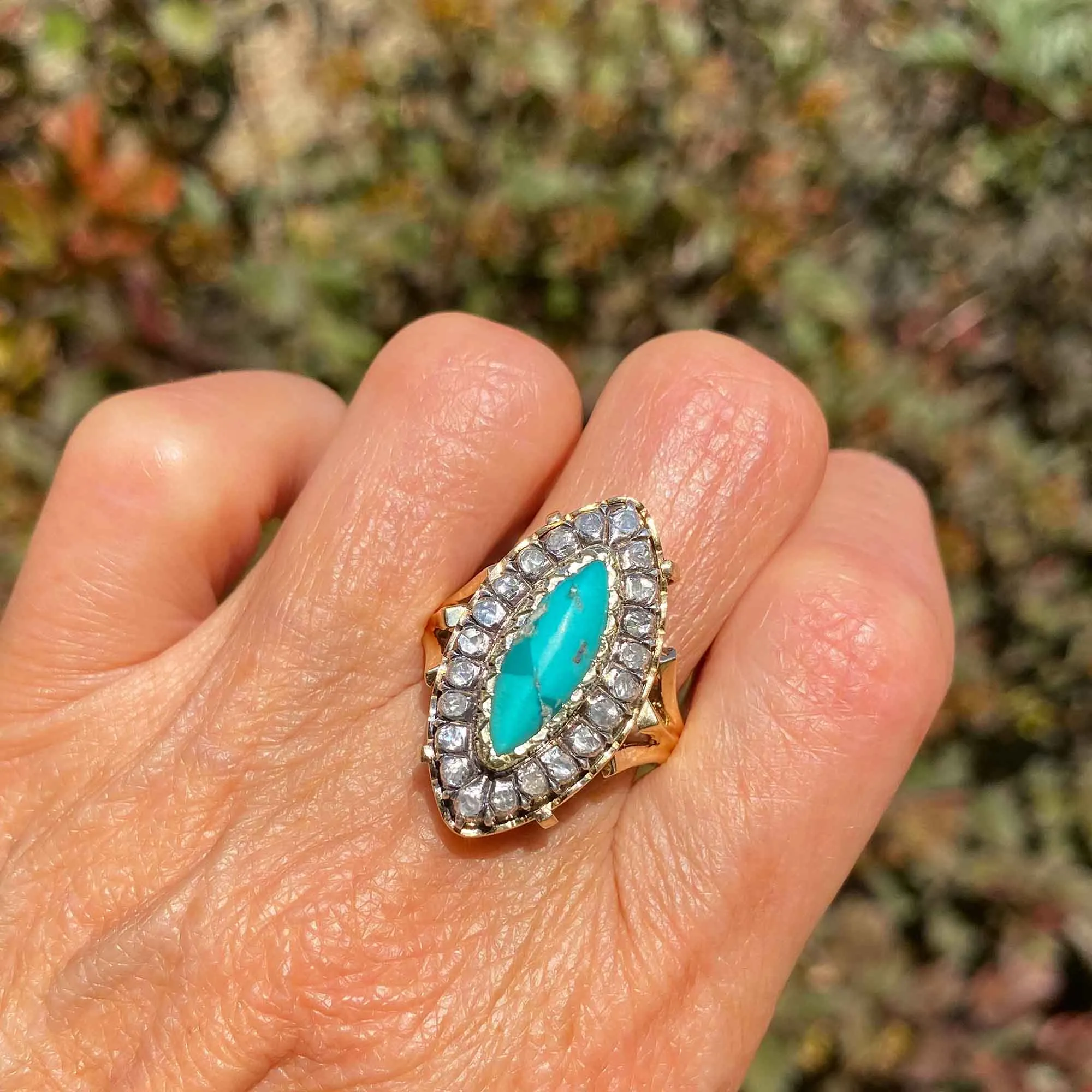 Georgian Revival 14K Gold Turquoise Diamond Halo Ring