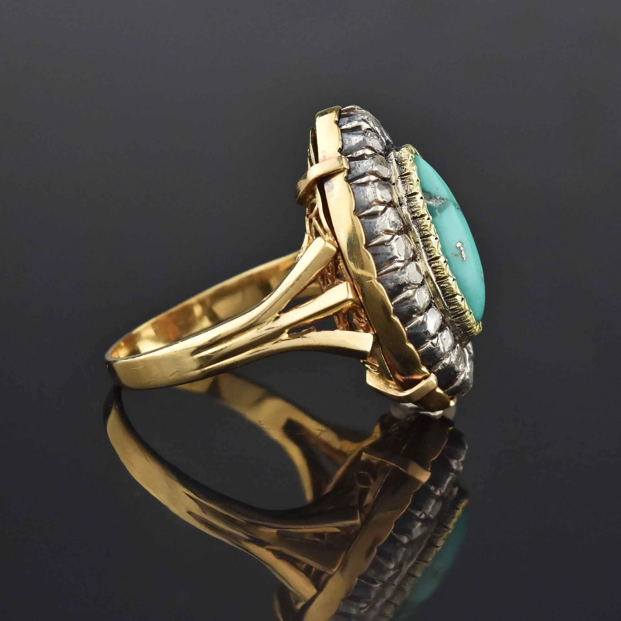 Georgian Revival 14K Gold Turquoise Diamond Halo Ring