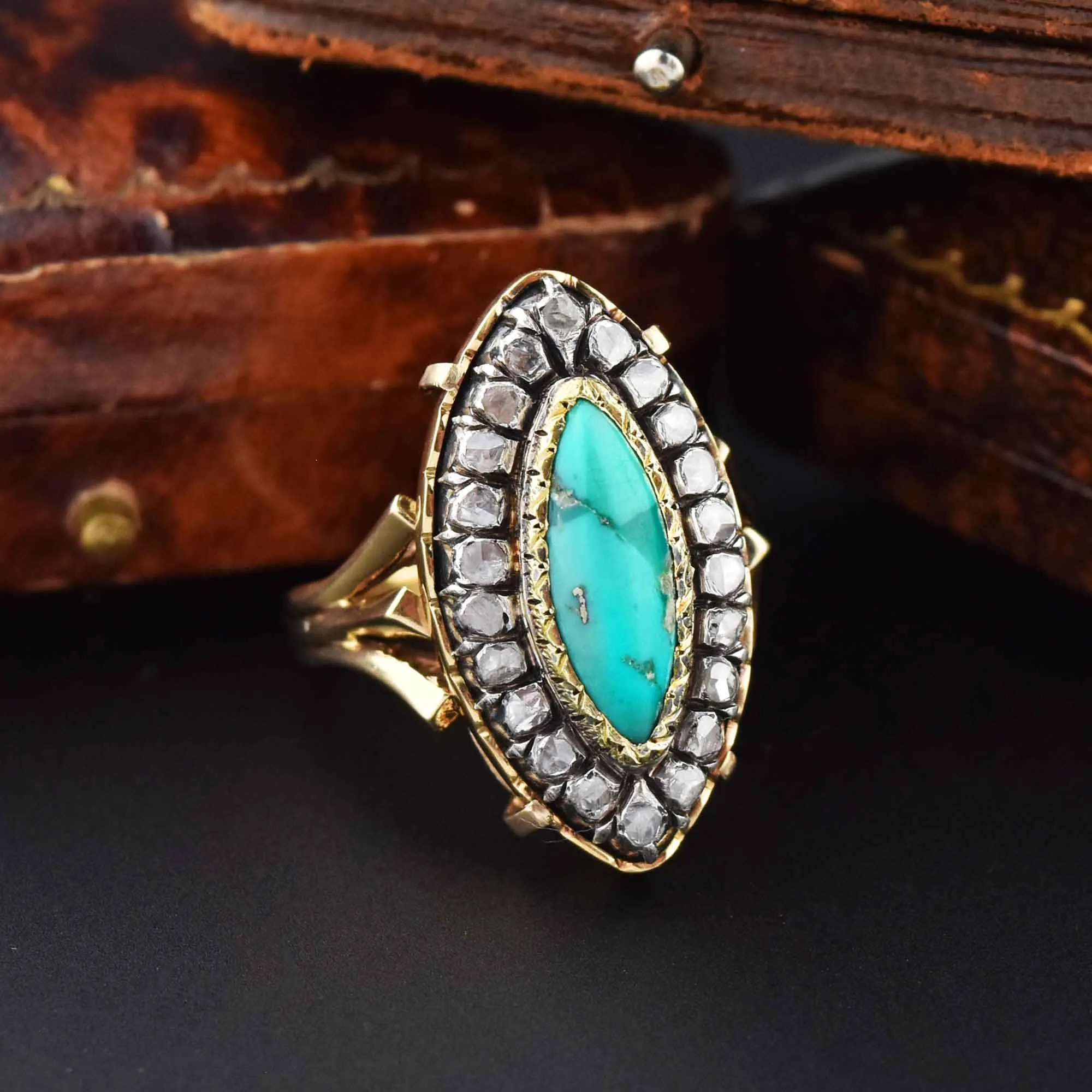 Georgian Revival 14K Gold Turquoise Diamond Halo Ring