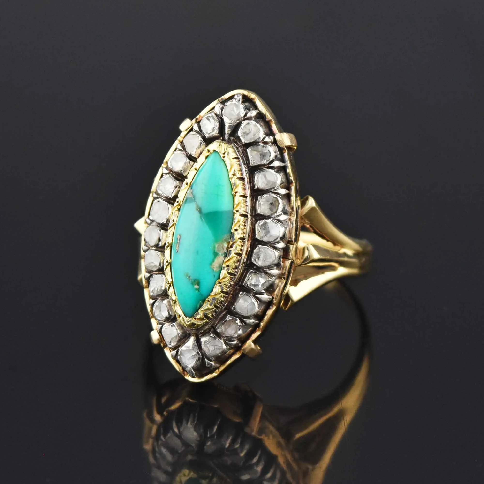 Georgian Revival 14K Gold Turquoise Diamond Halo Ring