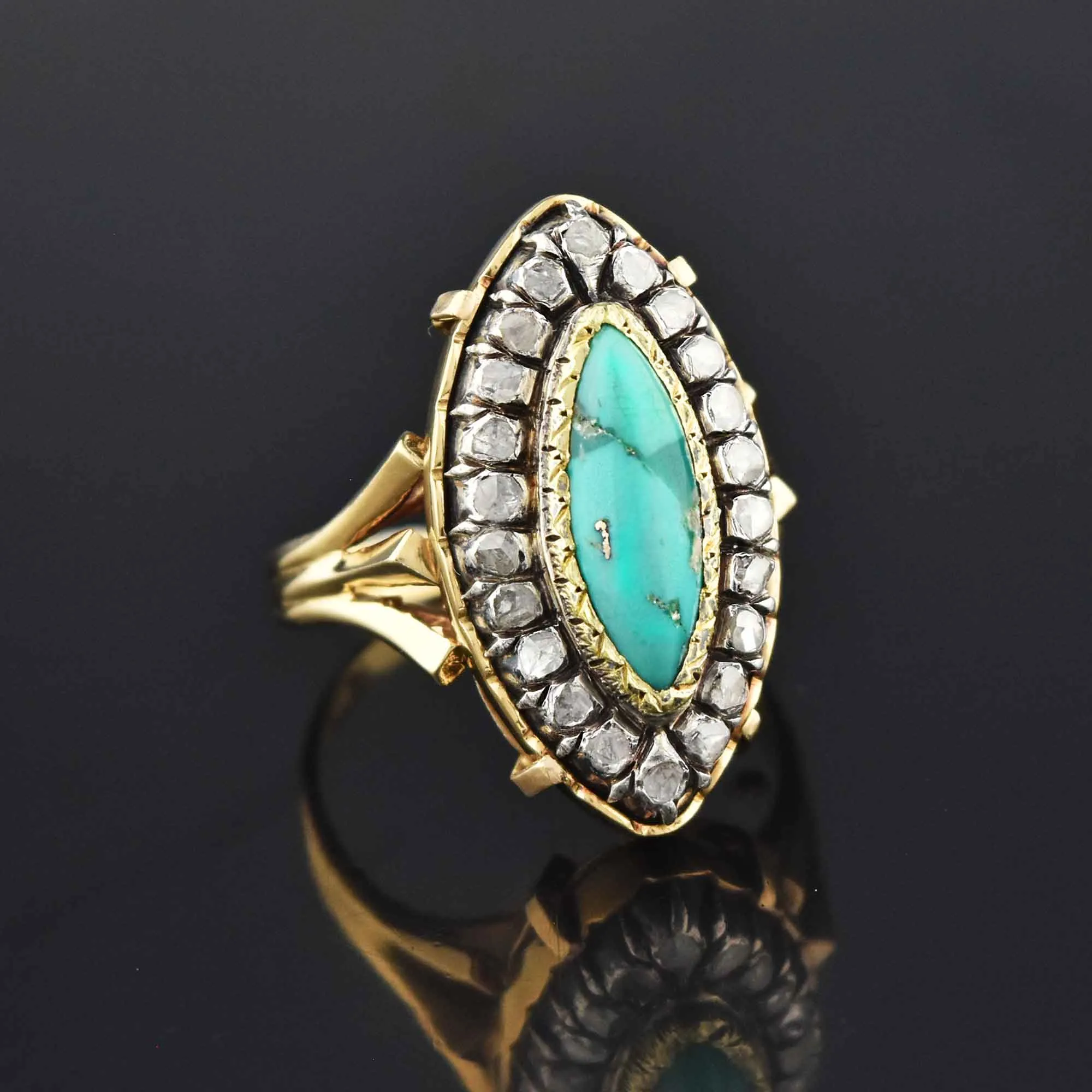 Georgian Revival 14K Gold Turquoise Diamond Halo Ring