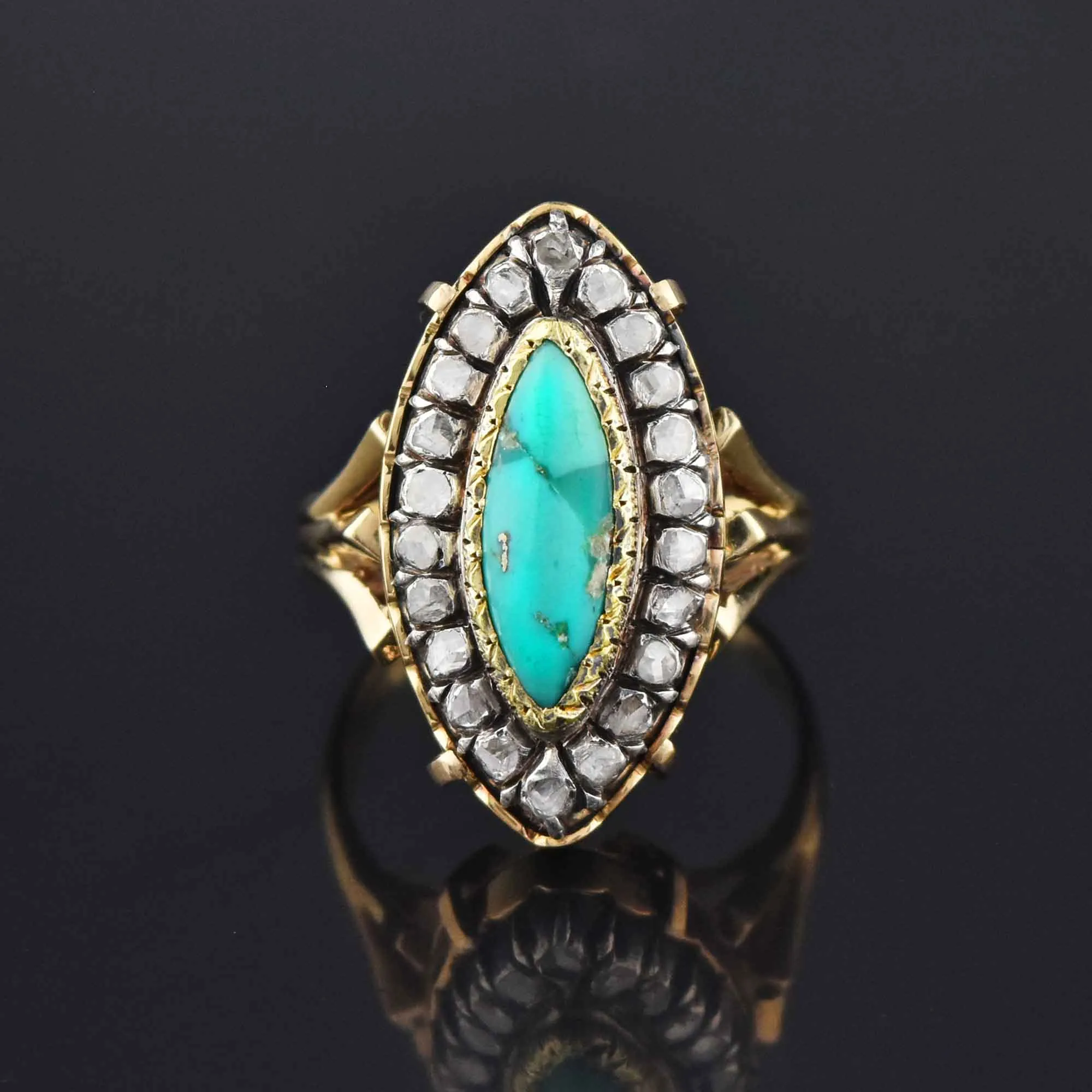 Georgian Revival 14K Gold Turquoise Diamond Halo Ring