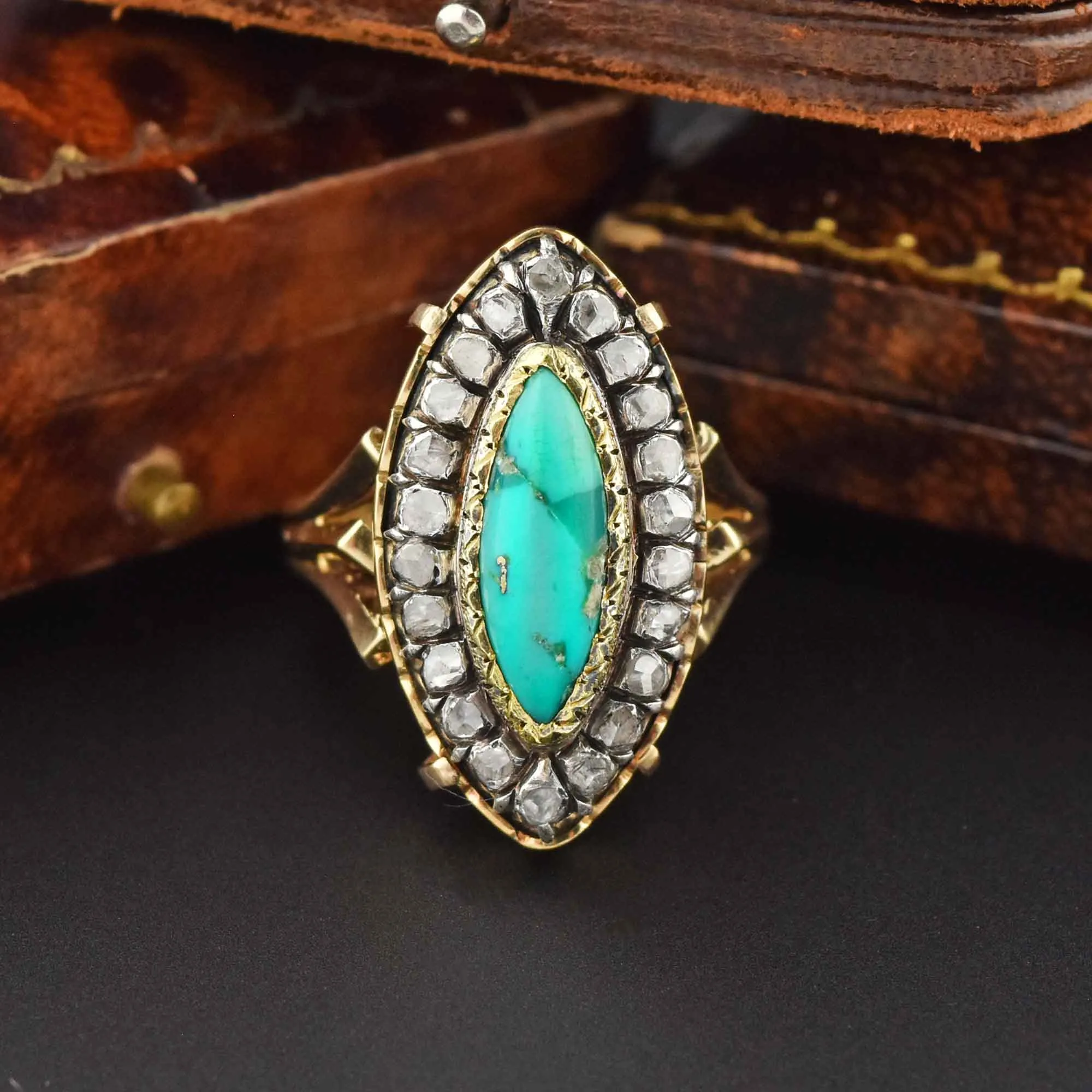 Georgian Revival 14K Gold Turquoise Diamond Halo Ring