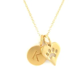 Gold Initial & Paw Charm Necklace