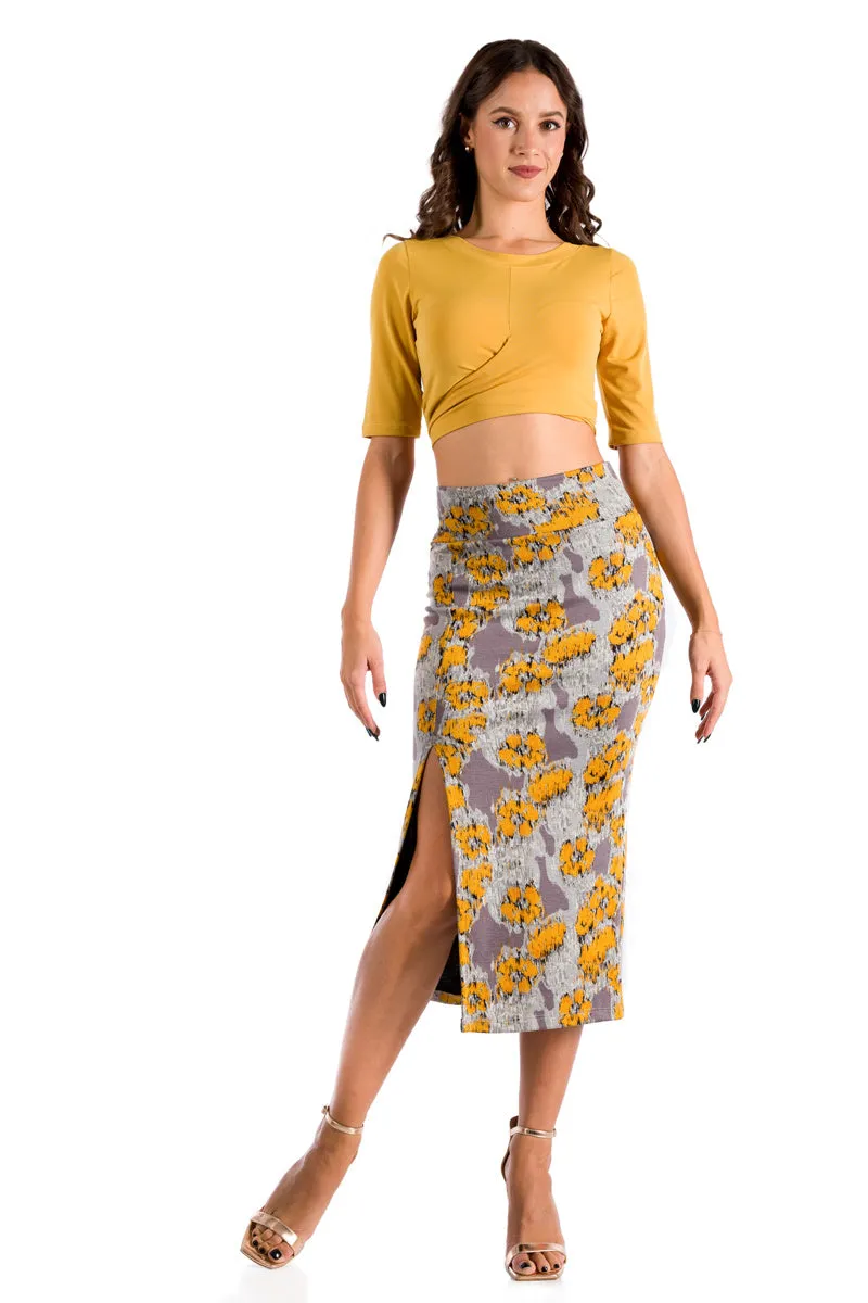 Grey Midi Yellow Printed Pencil Skirt With Slit