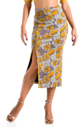 Grey Midi Yellow Printed Pencil Skirt With Slit