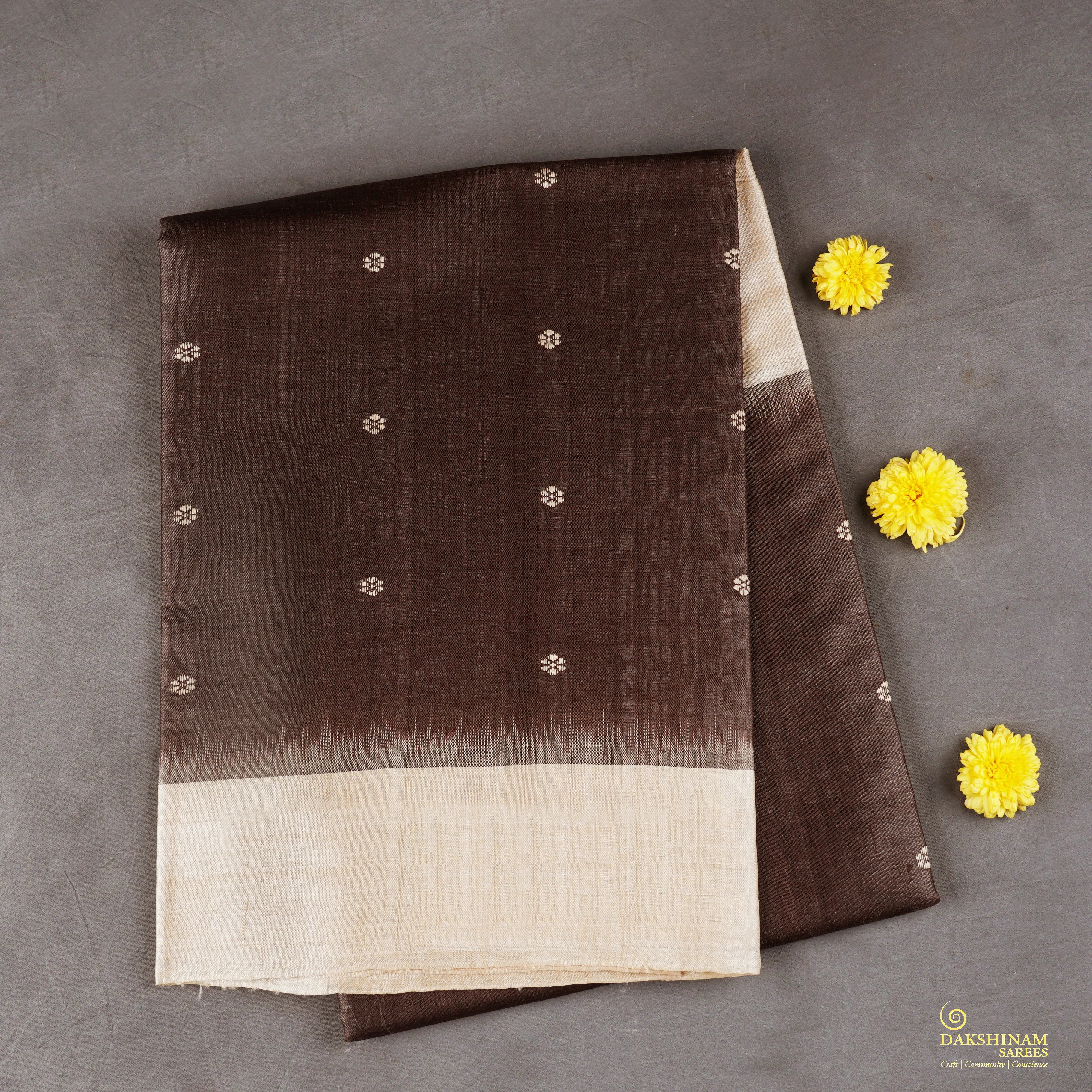 Handwoven Brown with Beige Tussar Silk Saree - 1953T005817DSC