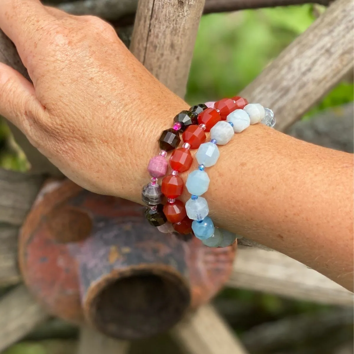 Healing Tube Crystal Bracelet Trio: Carnelian Bracelet for Self-Esteem, Aquamarine Bracelet for Hope, Tourmaline Bracelet for Self Confidence