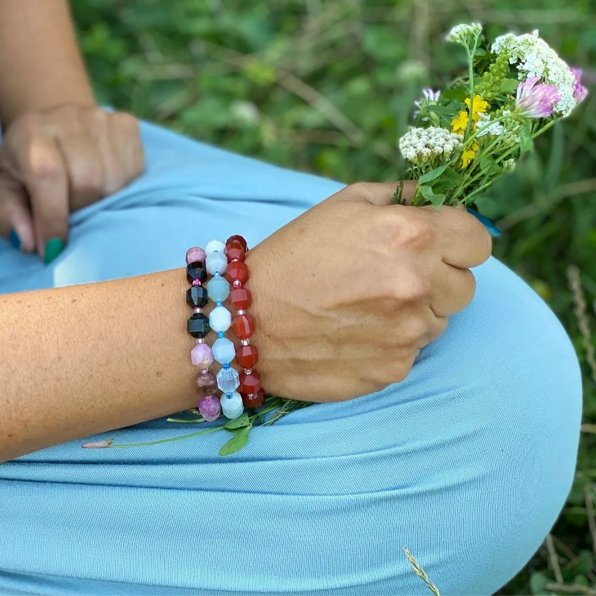 Healing Tube Crystal Bracelet Trio: Carnelian Bracelet for Self-Esteem, Aquamarine Bracelet for Hope, Tourmaline Bracelet for Self Confidence