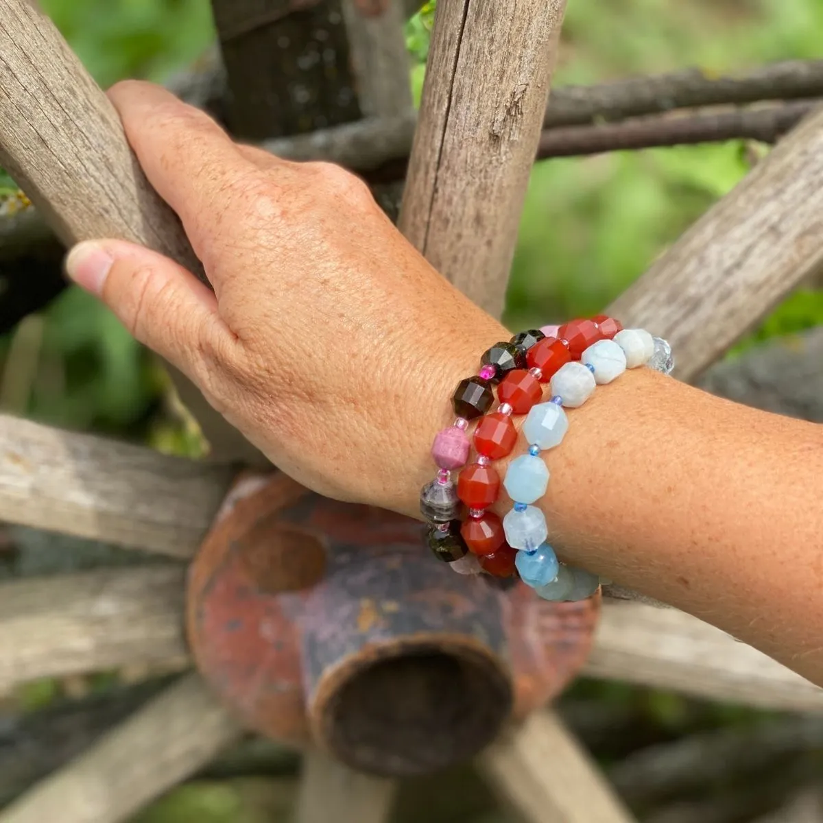 Healing Tube Crystal Bracelet Trio: Carnelian Bracelet for Self-Esteem, Aquamarine Bracelet for Hope, Tourmaline Bracelet for Self Confidence