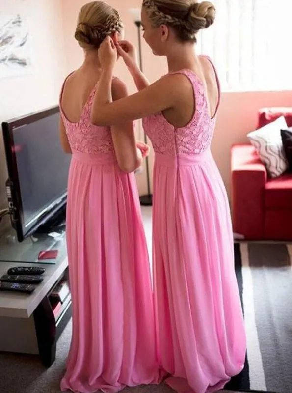 High Quality Bateau Sleeveless Floor-Length Hot Pink Bridesmaid Dress