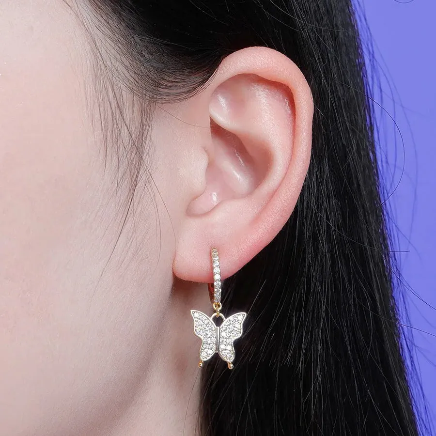 Iced Butterfly Hoop Earrings in Yellow Gold