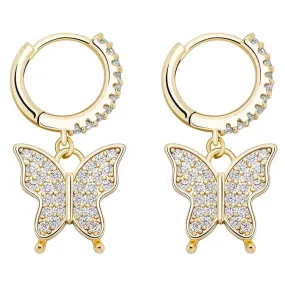 Iced Butterfly Hoop Earrings in Yellow Gold